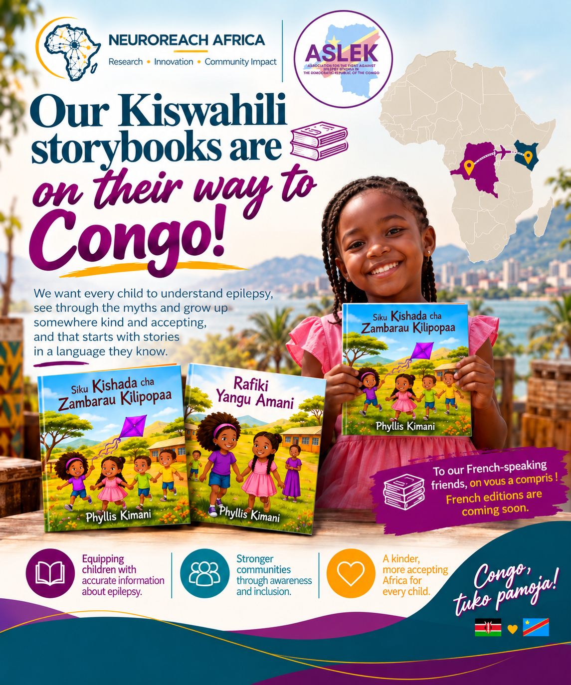 NeuroReach Africa and ASLEK partnership poster with both organisation logos: Kiswahili storybooks on their way from Kenya to the Democratic Republic of the Congo, showing Siku Kishada cha Zambarau Kilipopaa and Rafiki Yangu Amani, with French editions coming soon