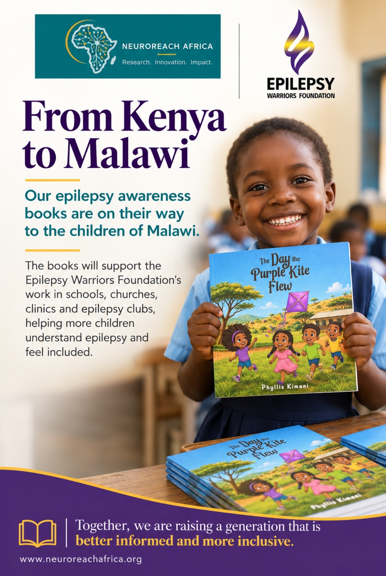 Partnership announcement poster with NeuroReach Africa and Epilepsy Warriors Foundation logos, a smiling child holding The Day the Purple Kite Flew, and the message that epilepsy awareness books are on their way from Kenya to Malawi